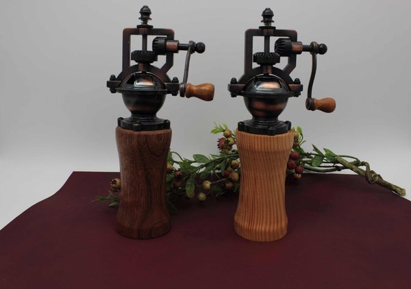 SET Gewürzmühle aus Holz handmade Pfeffermühle Vintage Mahlwerk Unikat aus Mahagoni u.Oregon Pine