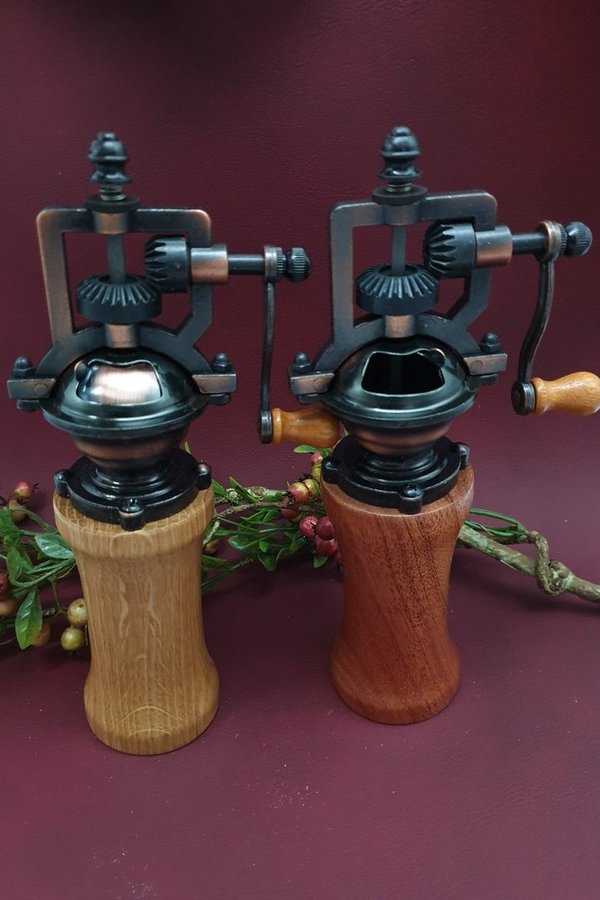 SET Gewürzmühle aus Holz handmade Pfeffermühle Vintage Einstellbark Unikat aus Mahagoni u. Eiche
